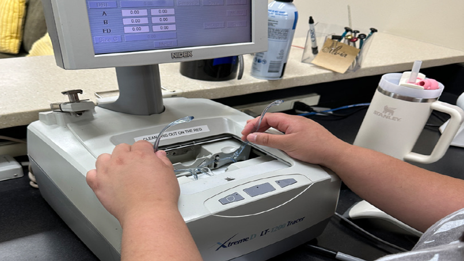 Lenses in eyewear at a machine