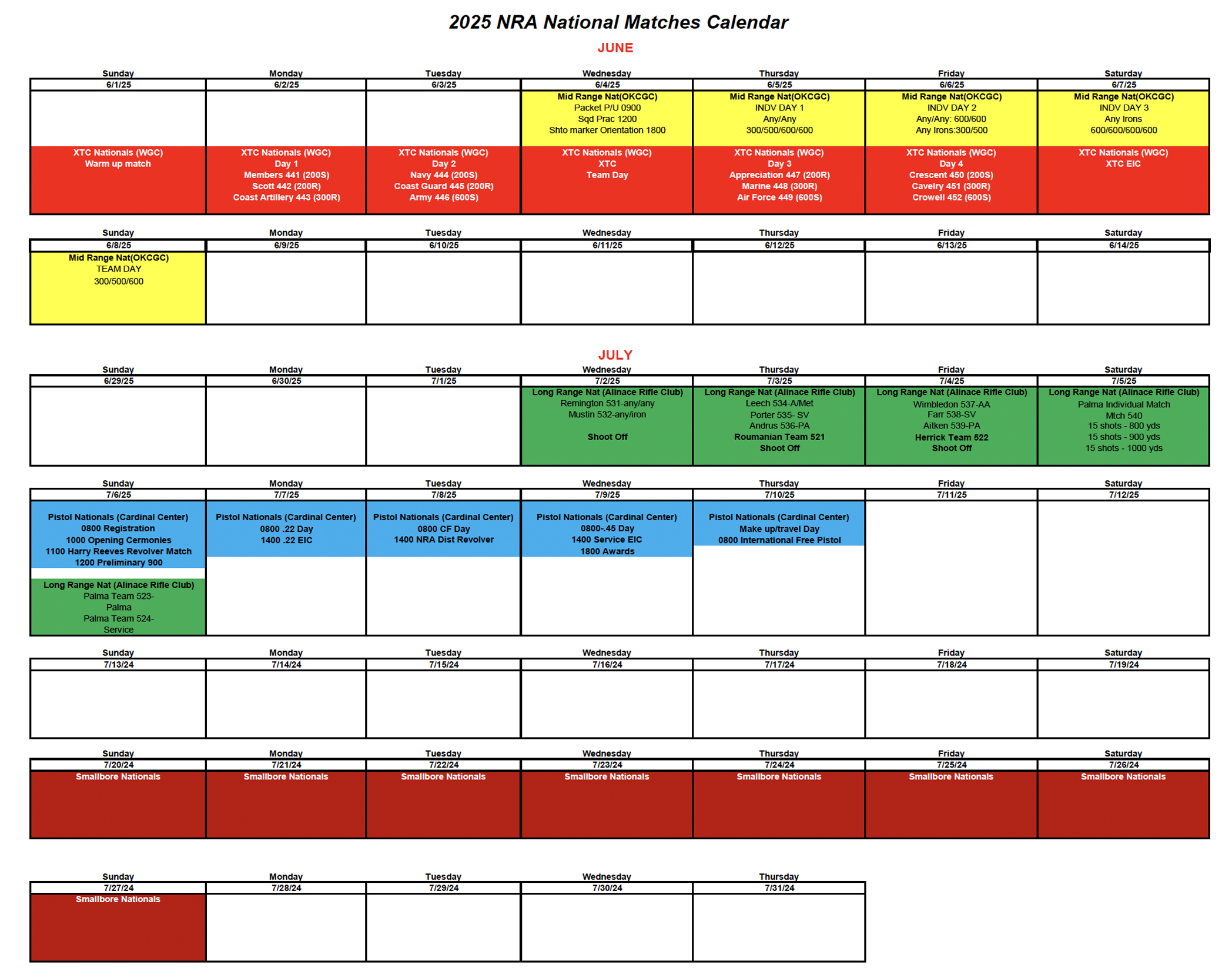 2025 National Matches Calendar